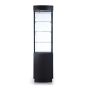 Tall Display Case with Lights and Lock, Black laminate finish. Shown with hinged door open.