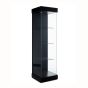 Display Tower Case With Sliding Door. Quarter view with black laminate finish.