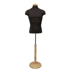 Male Dress Form Torso With Shoulders - Black With Natural Wood Base