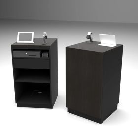 Cash Register Stand - Black with wood texture lamiante. Shown front and back.  Pictured with scanner, till and register moniter (not included)