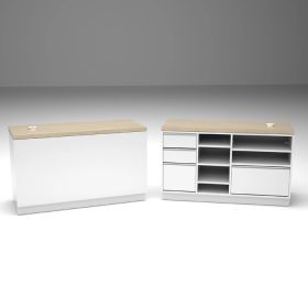 Cash wrap counter. White with 'raw oak" woodgrain surface. (Shown front and back)