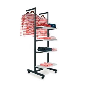 Black Clothing Display Rack With Shelves And Hangrails - White Shelves - Shown With Clothing
