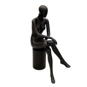 Seated Female Mannequin - Matte Black With Pedestal Stool - Side View