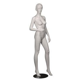 Female Mannequin - White With Molded Features - Standing Pose with Arm Bent - Side View