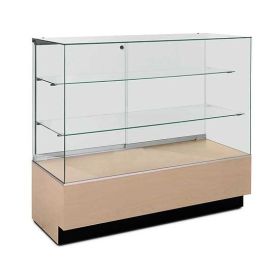 Glass Display Case - Quarter View Shown in Maple with Black Kick Board