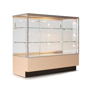 Full Vision Display Case - Front View with Lights - Maple with Black Kickboard