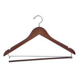 Contoured Suit Hanger with Pant Lock Bar - Dark Wood - Shown With Lock Bar Opened