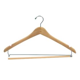 Contoured Suit Hanger with Pant Lock Bar - Light Wood - Shown With Lock Bar Opened