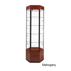 Hexagonal Tower Display Case - (Shown with optional sidelights) - Mahogany - 01