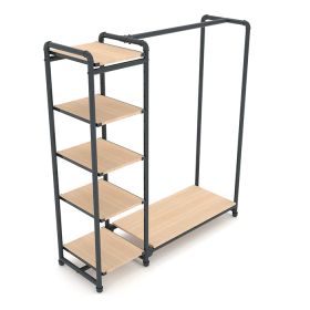 Single Tower Shelf Unit with Hang Rail - Grey Pipe - Light Wood Laminate Shelves - 03