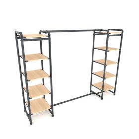 Double Tower Shelf Unit with Joining Hang Rail -Grey Frame - Light Wood Laminate Shelves - 1