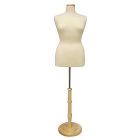 Female Plus Size Body Form Display - Cream With Natural Round Wood Base With Flat Neck Cap