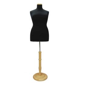 Female Plus Size Body Form Display - Black With Natural Round Wood Base With Flat Neck Cap