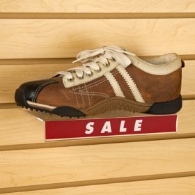 Acrylic Slatwall Shoe Shelf with Sign Slot, 10"  - Shown with Shoe and Sign Installed
