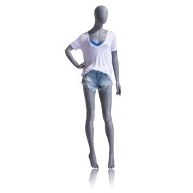 Egg Head Style Female Mannequin, "Slate" Grey , Right Hand on Hip (shown dressed)