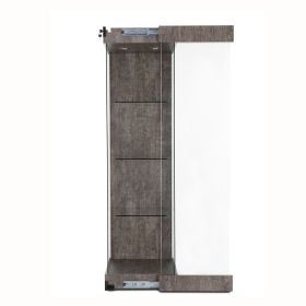 Display Tower Case With Sliding Door open. Front view. Shown in pewter pine premium laminate.