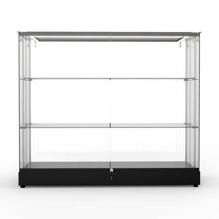 48 Glass Display Case w/Framless Design, Adjustable Shelves, Sliding Door  - Black