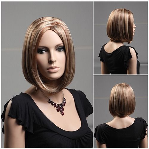 Chin Length Bob Wig With Streaks - Synthetic